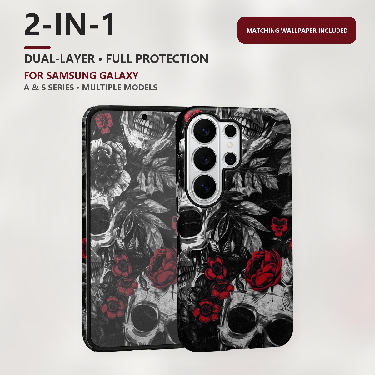 Phone Accessories Red - スカル＆レッドローズ 2-in-1 デュアルレイヤー携帯ケース Samsung Galaxy S26