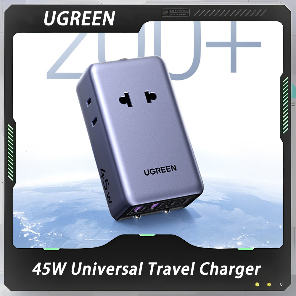 Phone Accessories Uk - UGREEN 45Wアダプタープラグアダプター GaNユニバーサル旅行用充電器 2つのType-Cポート、2つのACコンセント、2つのUSBポート搭載 米国、EU、英国、オーストラリアのプラグ対応 ギフト