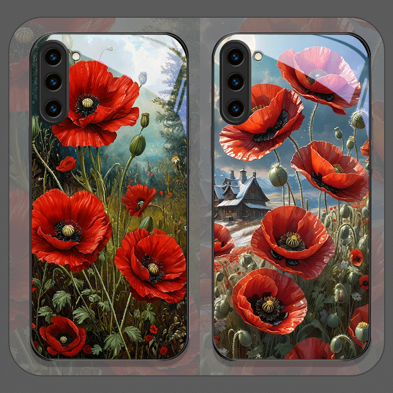 レトロなポピーの花柄、ホットレッドプリントの強化ガラス製スマ - Phone Accessories Red のレビューと価格